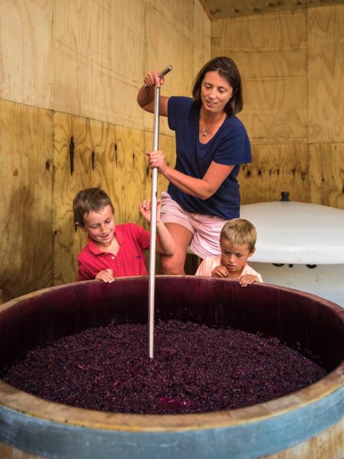 Kate Acland shares the wine making process with sons Leo and Otto. PHOTO SUPPLIED