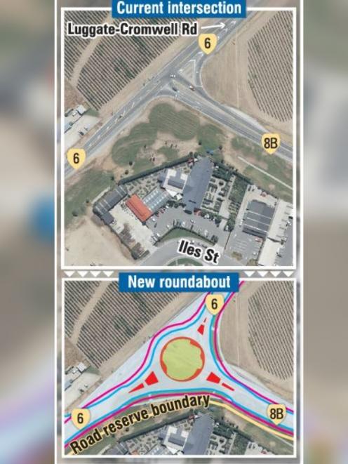 The intersection of SH6 and SH8B in Cromwell and the roundabout that will replace the T-junction.