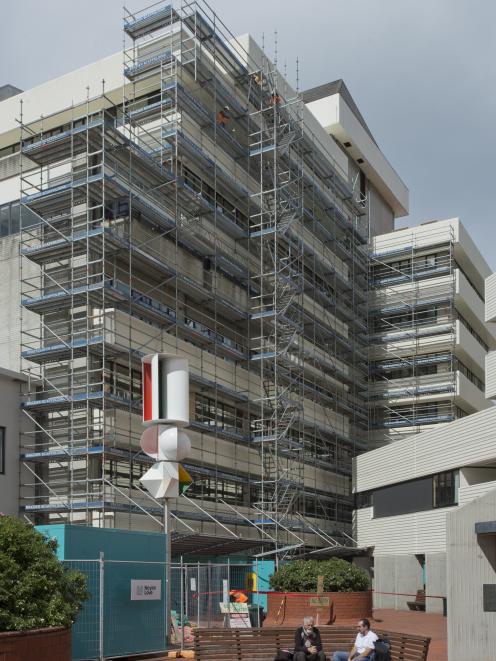 Scaffolding covers the Library Plaza face of the Dunedin Civic Centre. PHOTO: GERARD O’BRIEN
