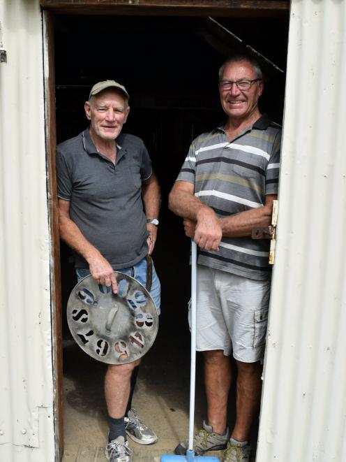 Cleaning the woolshed on Salisbury Estate in North Taieri are Rotary Club of Taieri member Colin Brown (left) and treasurer Neil Hodgkin, both of Mosgiel. Photo: Shawn McAvinue