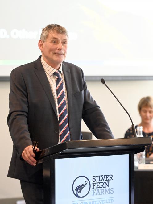Silver Fern Farms Co-operative chairman Richard Young addresses the co-operative’s annual meeting...