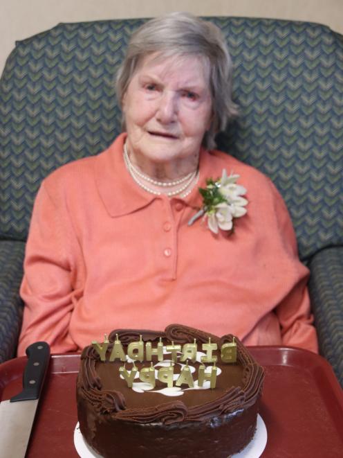 Resthaven rest-home resident Nora Larking celebrates her 100th birthday in Gore yesterday with...
