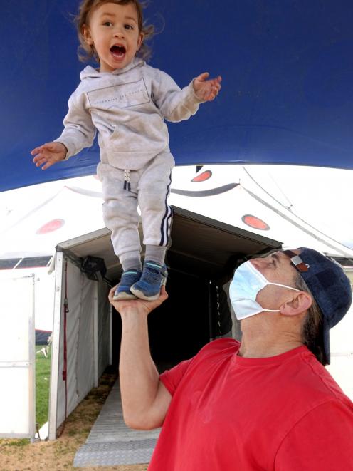 Circus owner Harry Weber and son Diesel (2) practise for the show. Photo: Ashburton Courier