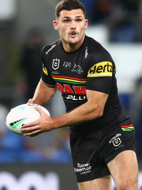 Penrith Panthers half Nathan Cleary looks for support during his team’s round 25 NRL match...