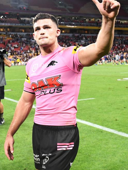 Penrith Panthers playmaker Nathan Cleary waves to the crowd after the NRL ...