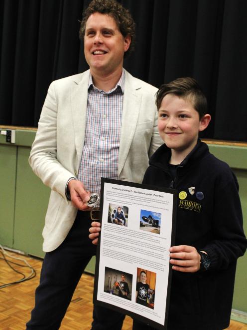 Mr Beck with Noah Hackett (then 10) from Waihopai School during a visit to his hometown,...