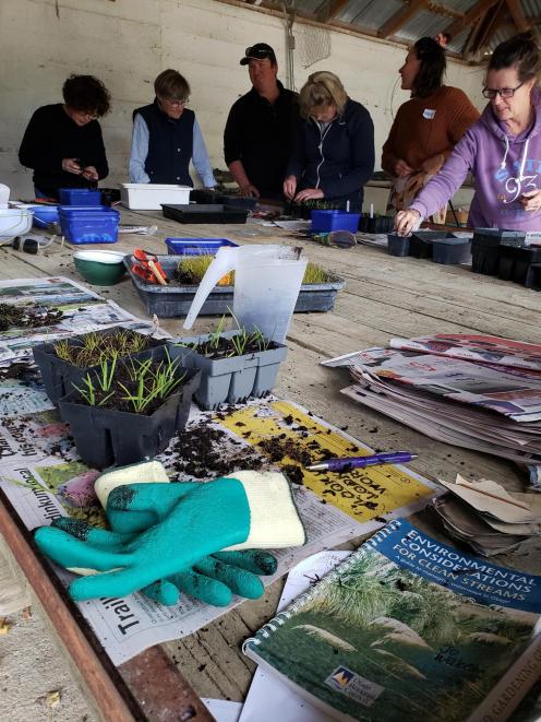 Learning how to propagate native plants from Central Otago farmer Ben Gillespie  are Tracey Weir,...