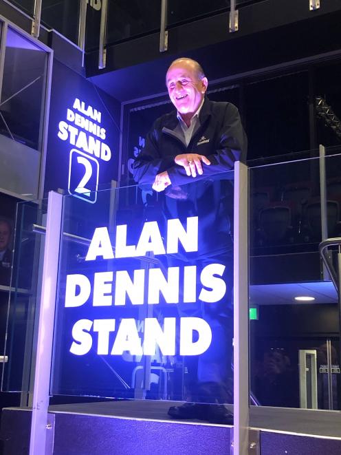 Alan Dennis and the ILT Stadium Southland stand named after him yesterday. PHOTO: LUISA GIRAO