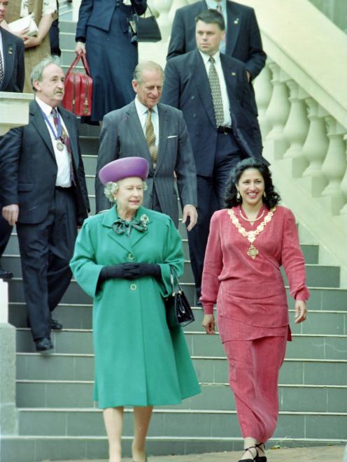 The Queen and then mayor of Dunedin Sukhi Turner are followed by Dunedin city councillor Maurice...