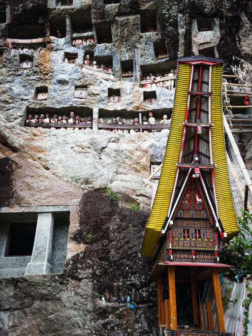 Abandoned traditional coffin-carriers stand at the foot of cliffs, as tau tau effigies act as...