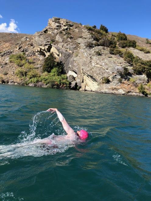 Wanaka swimmer Fiona Fairbairn moves down Lake Dunstan in her 33km swim of the lake last weekend....