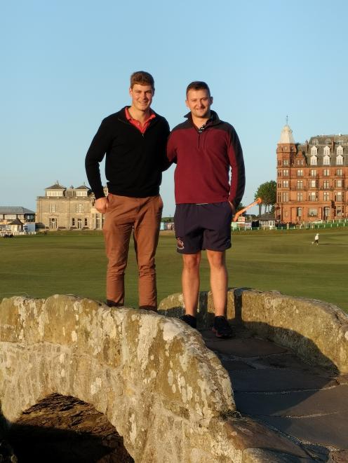 Tom Adkins (left) stands with his Scottish host Ally Brunton during a Young Farmers exchange in...