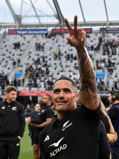 All Blacks halfback Aaron Smith salutes the Forsyth Barr Stadium crowd on Saturday. PHOTO: PETER...