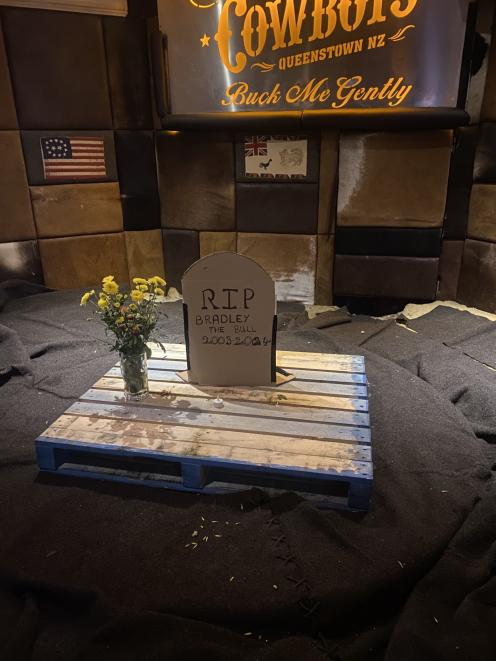 Cowboys has erected a temporary tombstone for its iconic mechanical bull. PHOTO: OLIVIA JUDD