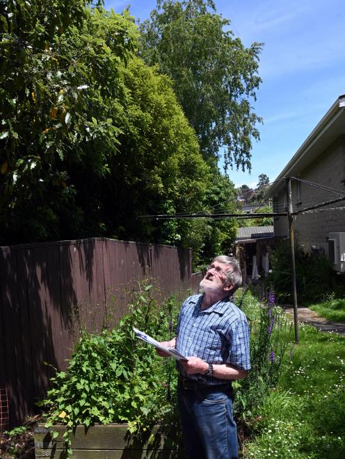 Glenross resident Colin Carey holds a stack of paperwork while looking at his neighbour’s 6m...