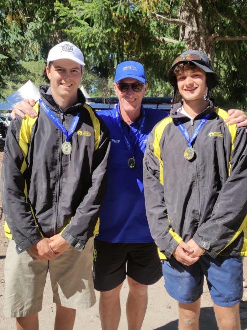 South Island Secondary Schools 2024 boys novice rowing champions Hugo Sinclair left, and Harry...
