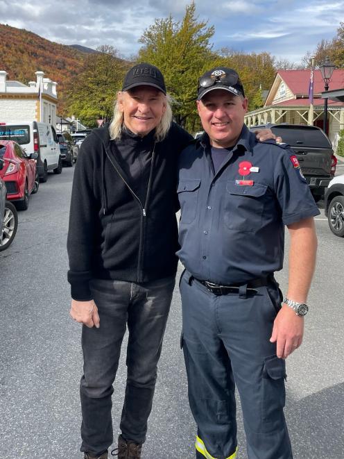 Joe Walsh with his ‘‘new friend in the Fire Service’’, Todd Weeks. PHOTOS: SUPPLIED