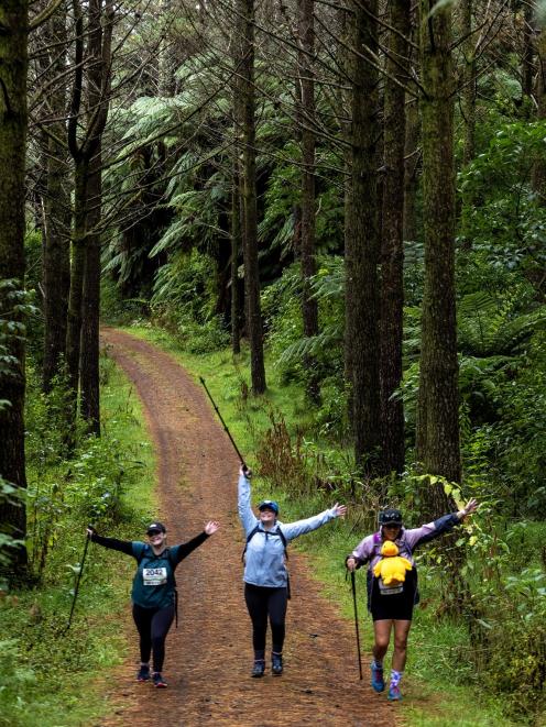Striking a pose as they tackle the 50km walk in New Plymouth are (from left) Phoebe Scarsbrook,...