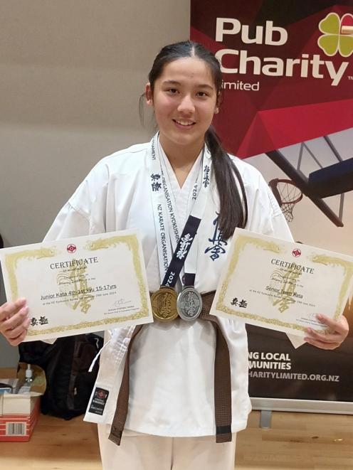 The Timaru Kyokushin Karate team of (from left) Miglia Shicker, 15, Soraya Hunt, 15, Constantine...
