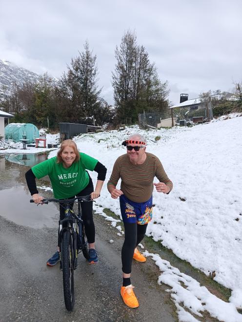Cyclist Kate Legge and her speed-walking hubby Mike battle recent snowy conditions. PHOTO: SUPPLIED