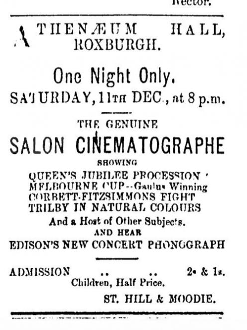 An ad in the Mount Benger Mail in 1897 for the first films to screen at the Roxburgh Cinema....