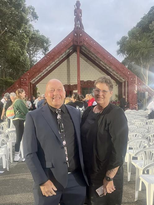Clutha District Mayor Bryan Cadogan and his wife, Ally Cadogan, at the Treaty Grounds at Waitangi...