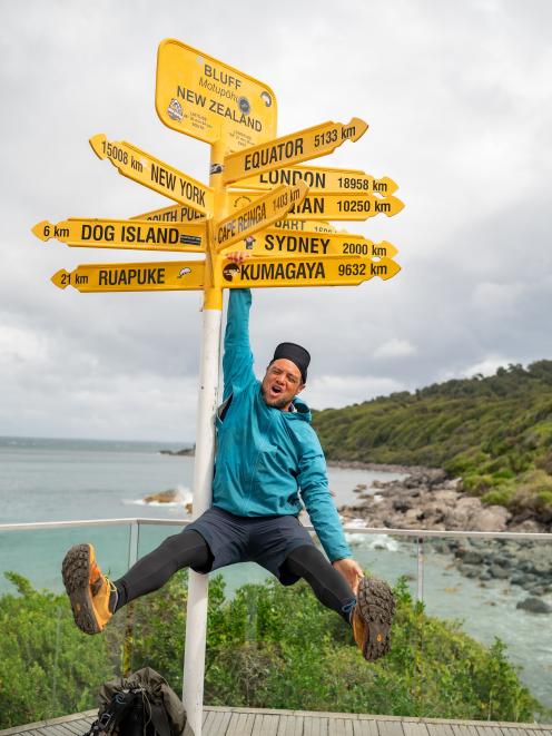 Dan Landreth, originally of Owaka, celebrates moments after finishing the Te Araroa trail at...