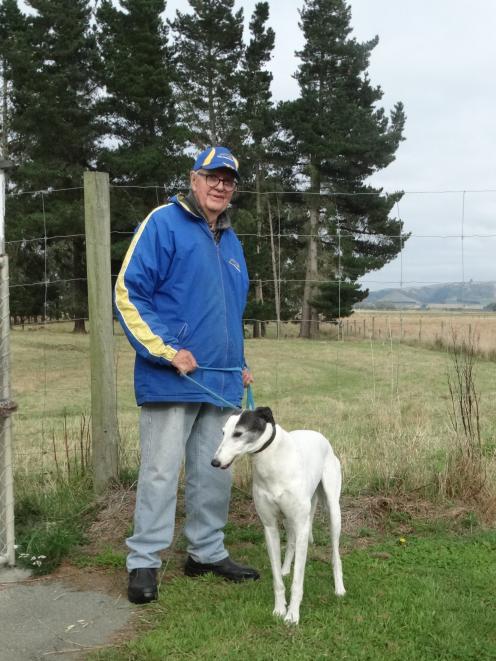 Otago Greyhounds president Murray Hill with his retired greyhound, Cheery Crusher. PHOTO: NIC DUFF
