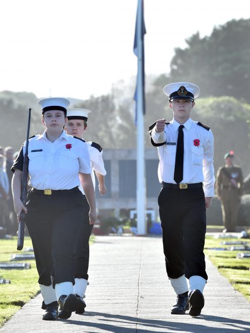 Sea cadets (from left) Ash Prent, 17, Nicholas Reid, 16, and Mitchell Fox, 18, from T.S. Neptune...