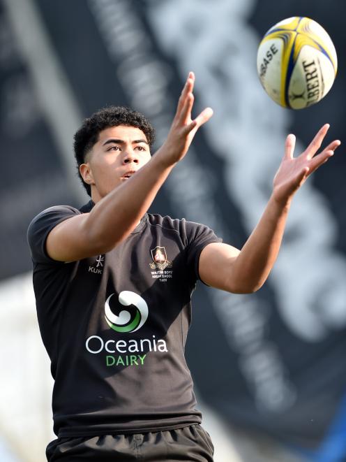 Waitaki Boys’ forward Kenny Manaia claims lineout ball against King’s. PHOTO: GREGOR RICHARDSON