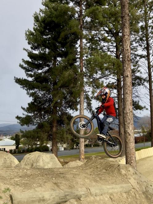6-year-old Beau Rushbrook practises his jumps on the new dirt jump line at the Cromwell Bike Park...