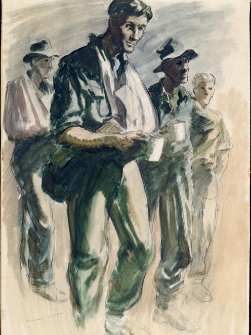 Walking wounded at Falamai, Mono Island, a Russell Clark watercolour after the battle for the island. Photo: Archives NZ, AAAC 898 NCWA 322