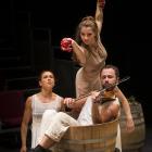 Sarah Gatzonis as the Goddess offers temptation to music by Tristan Carter and watched  by Emma Coppersmith (rear) in The Wine Project. Photo by Tom Hoyle.