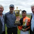 Omakau gallops movers and shakers (from left) Central Otago Racing Club president Tony Lepper; former All Black and now horse owner and trainer Bevan Wilson, previously of Omakau, now of Ashburton, whose horse Flag the Groom won the Clare Memorial Gold Cu