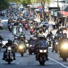 A pack of motorcycle riders participate in the Bronz Otago Motorcycle Club annual Easter egg run in Dunedin yesterday. Photos by Peter McIntosh.