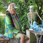 JJ Rendell and a gin-loving skeleton are set for a garden party. Photos: Hamish MacLean