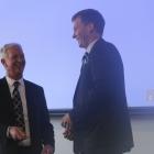 Outgoing Southland Federated Farmers president Allan Baird (right) offers his congratulations to incoming president Geoffrey Young at the Southland Federated Farmers AGM recently. Photos: Nicole Sharp