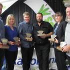 Celebrating their wins at the Central Otago Winter Feed Competition are (from left) Glen Harrex, of St Bathans, Renee Harrex, of St Bathans, Cameron Nicolson, of Poolburn, Michael Fridd, of Ida Valley (on behalf of Claire and the late John Mulholland), Ma