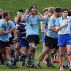 University A celebrate a try in their win over Kaikorai at University Oval. Photo: Peter McIntosh