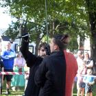 Swordfighting enthusiast Ashley Stewart (left) duels with David Mourra on the Otago Museum lawn,...