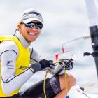 Zach Stibbe (Otago Boys’) celebrates after winning the youth boys title in the ILCA6 class at the...