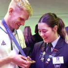 Gold Medallist Finn Butcher with Blue Mountain College pupil Jorja Whyte during the 2024 Otago...