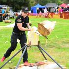 Nat Paterson completes a standing chop at a Timbersports demo during the Southland A&P show last...