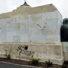 Graffiti which appeared on the Centennial Monument last week upset at least one visitor.  Photo...