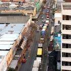 Trucks clog George St in central Dunedin this morning. Photo by Stephen Jaquiery.