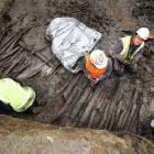 Peter Petchey (third from left) and fellow archaeologists work at the Dunedin City Council's Wall...