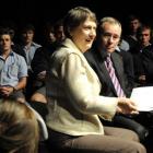 Helen Clark answers a question from Waitaki Boys' High School rector Dr Paul Baker during a...