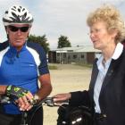 Minster of Conservation Kate Wilkinson discusses the Otago Central Rail Trail with cyclist Jeff...