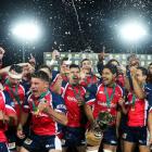 Tasman players celebrate after winning during the ITM Cup Championship FInal match between Tasman...