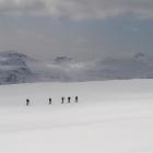 A cluster of little figures in a lonely white world: the team begins to skin  up the giant...